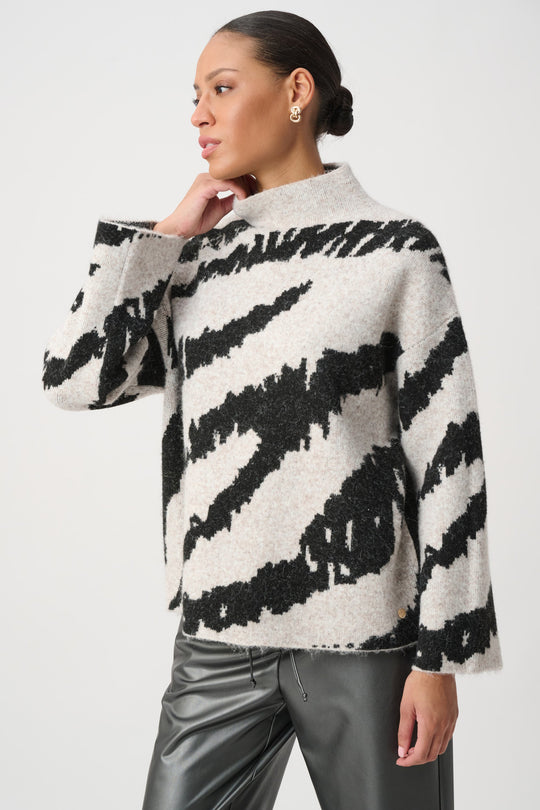 Joseph Ribkoff Animal-Print Mock Neck Top Oatmeal Melange Black 1