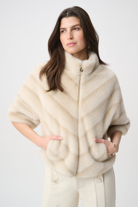 Joseph Ribkoff Chevron print faux fur jacket Beige/Almond View 1 - Papena UK
