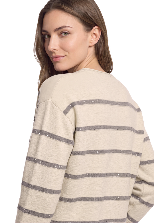Strickpullover mit Streifen und Glitzer Beige (Patch Taupe/Grey) D2
