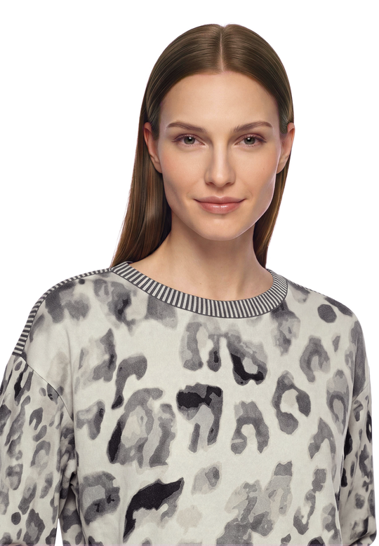 Strickpullover langarm mit Leoprint Grey / Beige D1