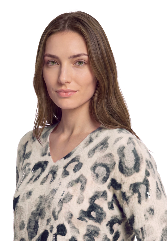 Strickpullover mit Leoprint Grey / Beige D1
