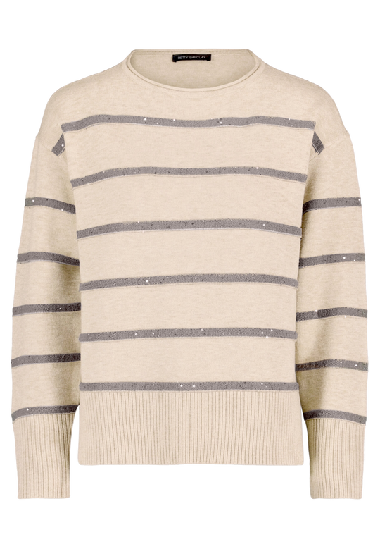 Strickpullover mit Streifen und Glitzer Beige (Patch Taupe/Grey) F