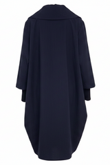 A navy blue long-sleeved coat with a wide collar, shown from the back against a plain white background.