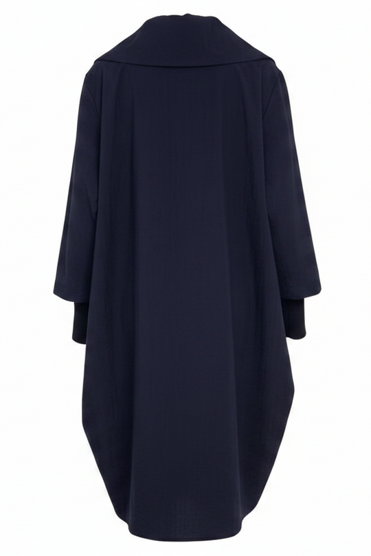 A navy blue long-sleeved coat with a wide collar, shown from the back against a plain white background.