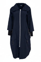 A long navy blue coat with a wide collar, front zipper, and large front pockets, shown on a plain white background.