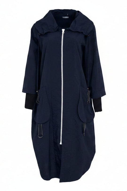 A long navy blue coat with a wide collar, front zipper, and large front pockets, shown on a plain white background.