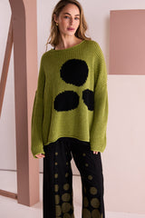 NAYA NAW26261 Spotted Oversized Round Neck Knit Jumper – Avocado / Black