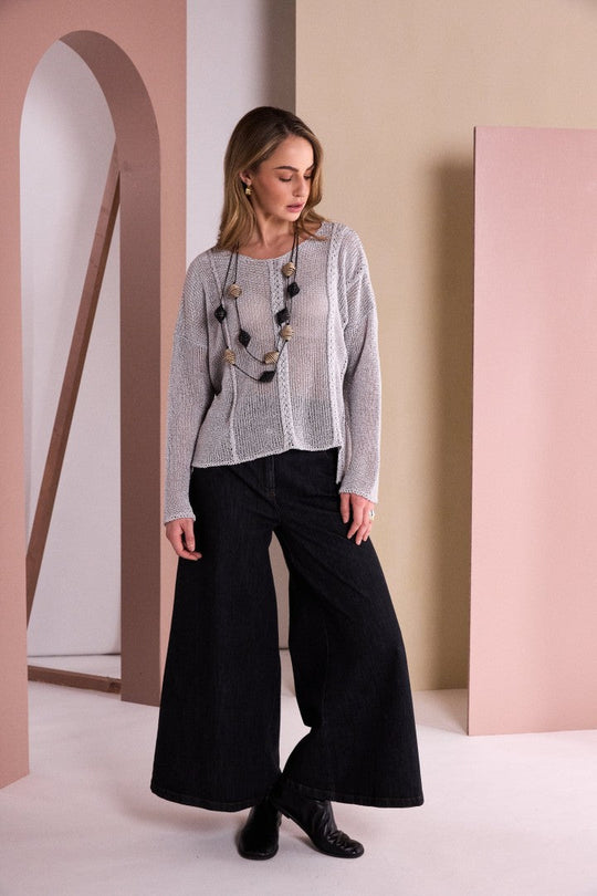 NAYA Round Neck Knit With Cut Away Hem | NAW26120 – Silver