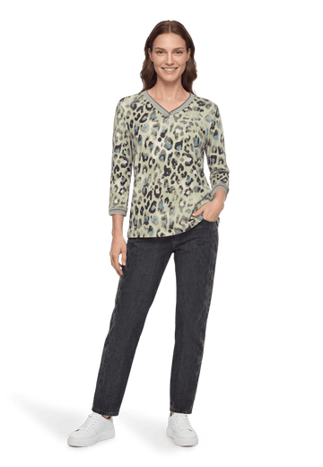 Betty Barclay Leopard Print 3/4 Sleeve V-Neck Shirt Beige/Petrol View 2 - Papena UK