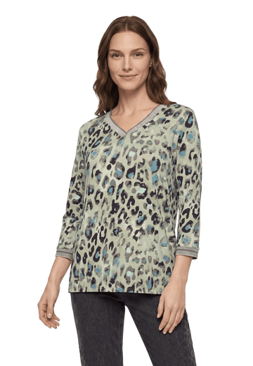 Betty Barclay Leopard Print 3/4 Sleeve V-Neck Shirt Beige/Petrol View 1 - Papena UK