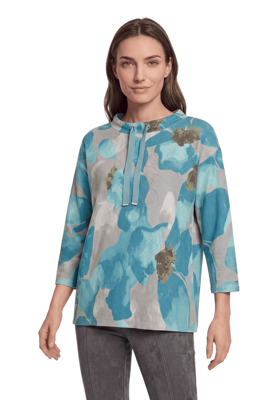 Betty Barclay Floral 3/4 Sleeve Sweatshirt Petrol/Grey View 1 - Papena UK